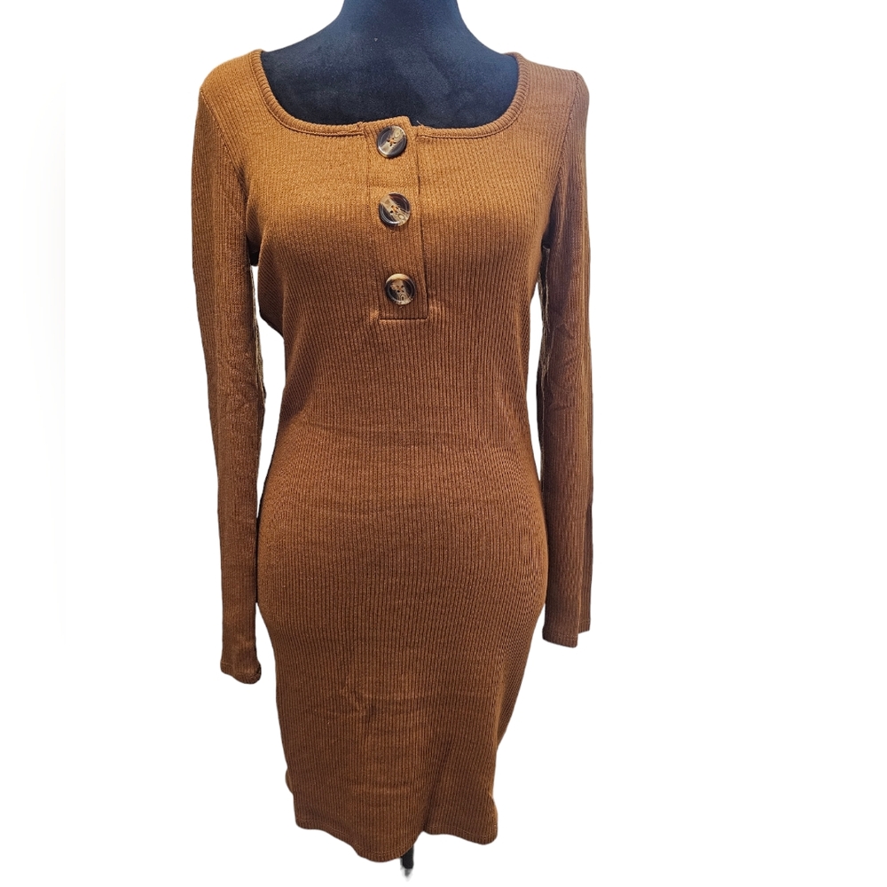 NWT Tam Ware Square Neck Long Sleeve Knit Bodycon Mini Dress Medium